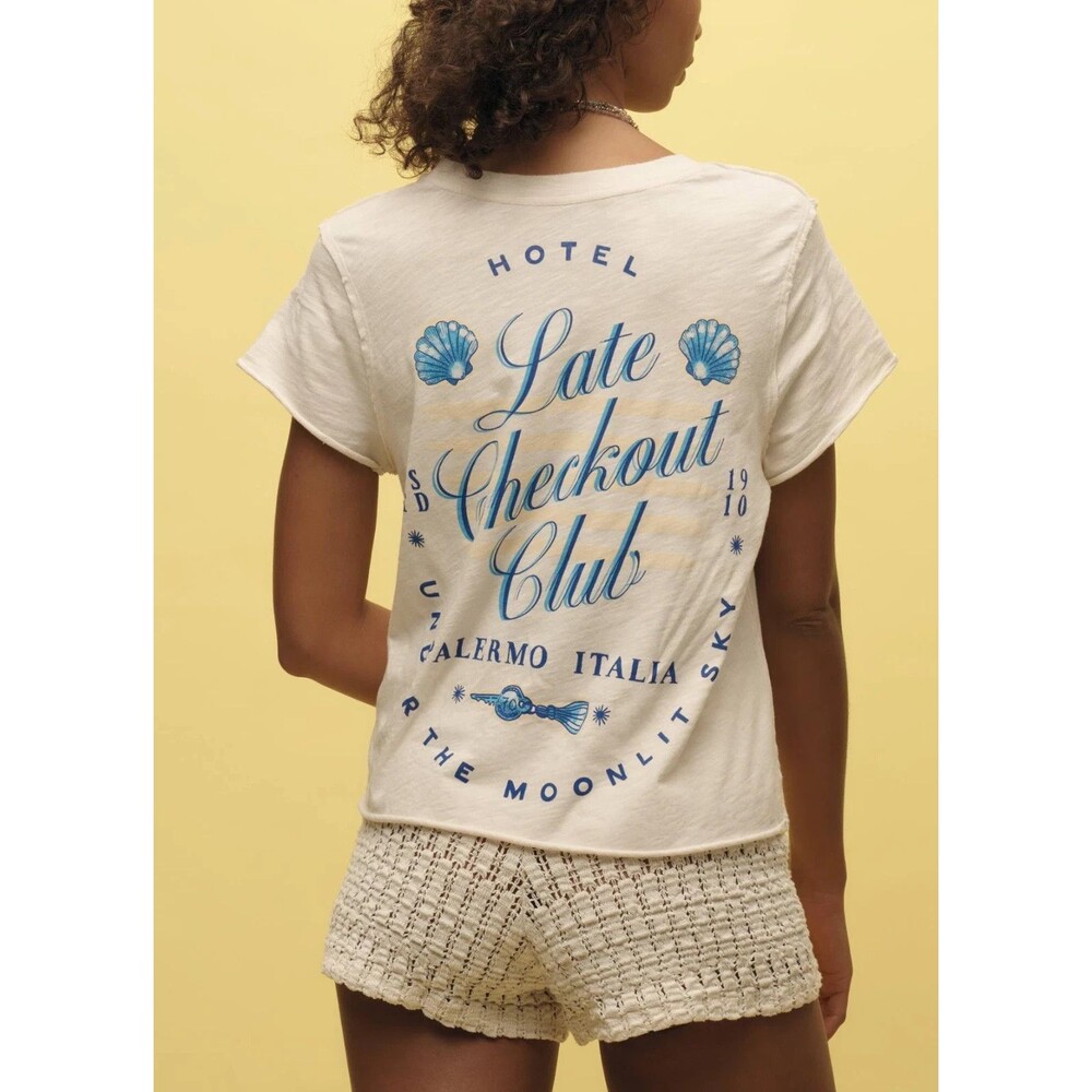 Anthropologie Maeve Late Checkout Club Graphic Tee Womens LP Ivory Italy Beach